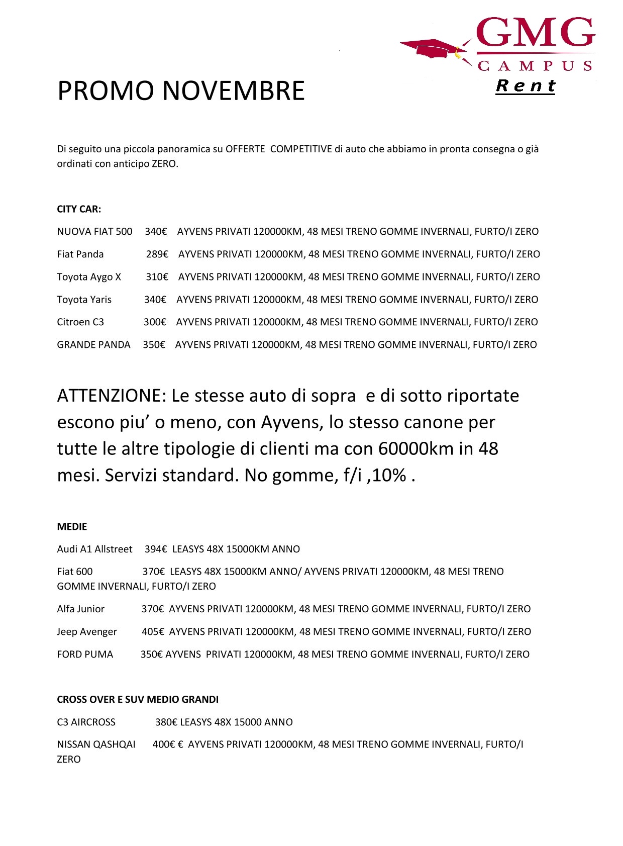 Tabella di proposta di noleggio auto ,corredata di canone ,escluso IVA